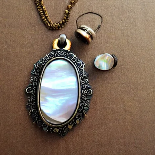 Prompt: steampunk jewelry with mother of pearl