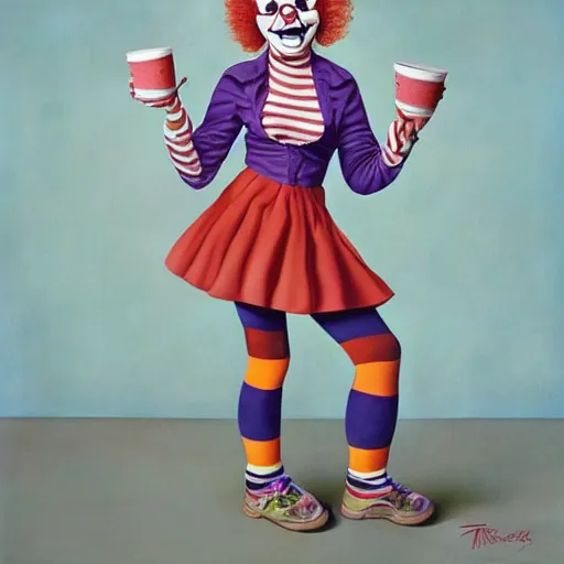 Image similar to portrait of a female birthday clown, full body, painted by Trevor brown