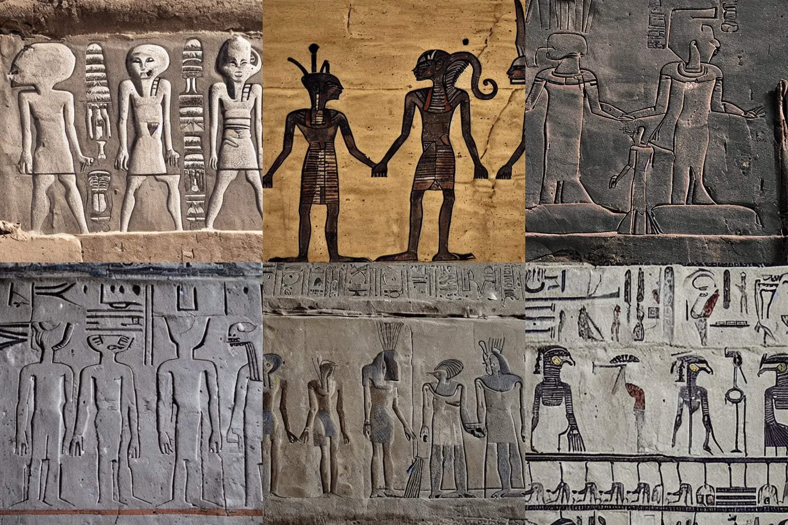 Prompt: Gray Alien drawings on ancient Egypt wall