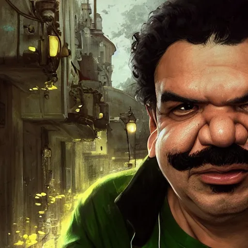 Prompt: hyper realistic, realistic - anime, portrait, beautifully rendered, luis guzman as luigi wearing green, smirking deviously, nintendo's luigi, painted by greg rutkowski, wlop, artgerm, dishonored 2,