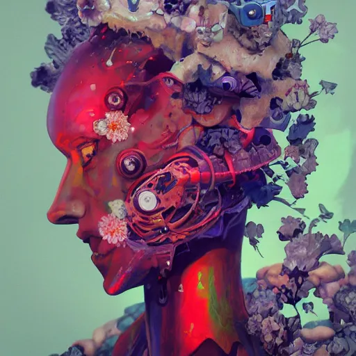 Image similar to surreal gouache painting, by yoshitaka amano, by ruan jia, by conrad roset, by kilian eng, by good smile company, detailed anime 3 d render of a mechanical melting android head with flowers growing out, portrait, cgsociety, artstation, modular patterned mechanical costume and headpiece, retrowave atmosphere