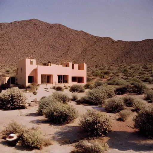 Prompt: a photo of a desert villa in 1 9 7 5, color,