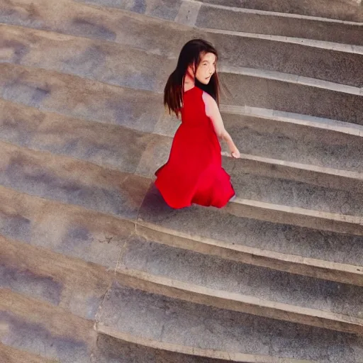 Image similar to a girl in a red dress climbing'' infinite stairs to heaven'' middle / top view, sunset light, cinematic image, hyperrealistic, 4 k