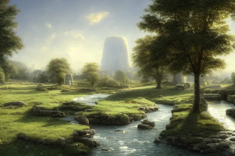 Image similar to A small village surrounded by white rectangular monoliths in an open field with a winding white stone pathwalk and a small brook running through, clear blue skies in the background, by Thomas Kincade, Richard Sigamani, 8k photorealistic, cinematic lighting, HD, high details, concept art, trending on artstation