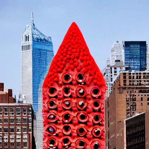 Image similar to a building of the shape of an amanita muscaria in the New York City skyline