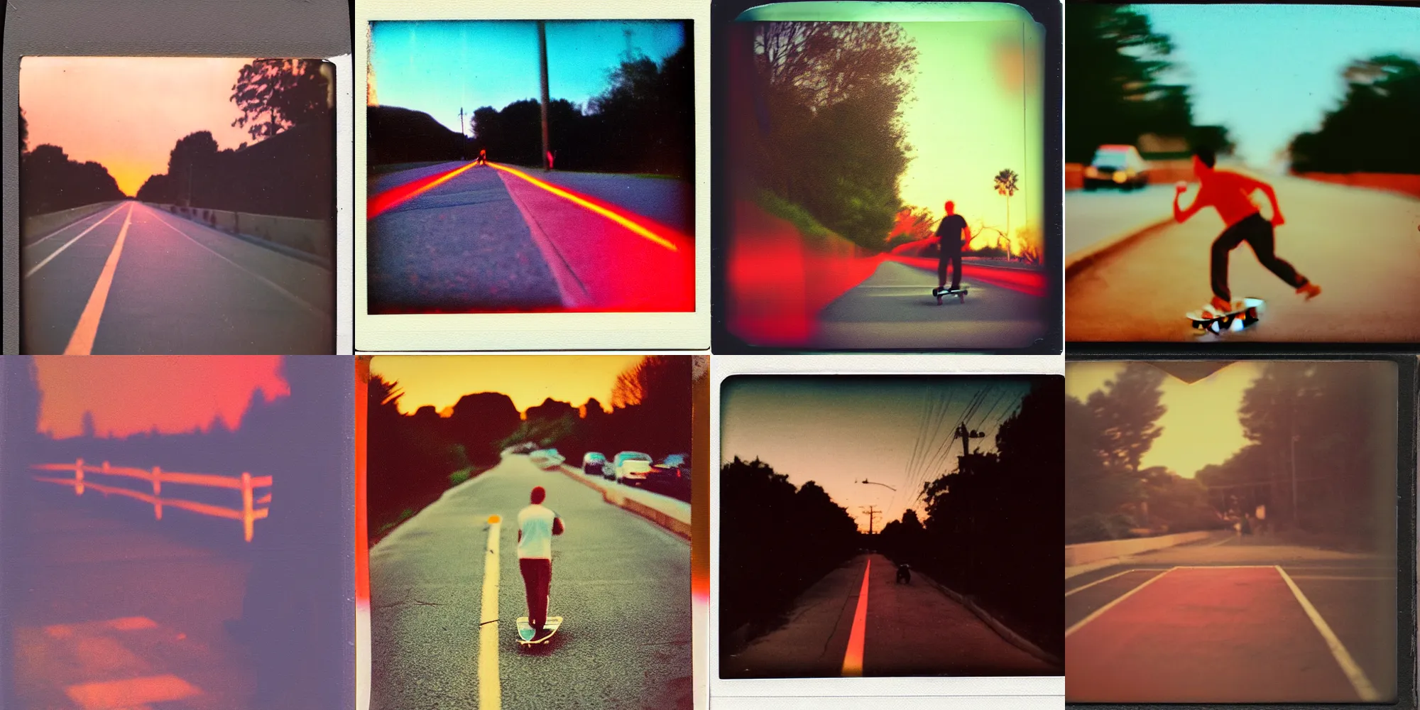 Prompt: Aged polaroid photo of someone skateboarding down a road, sunset, red and orange lighting heavy color bleed, film grain