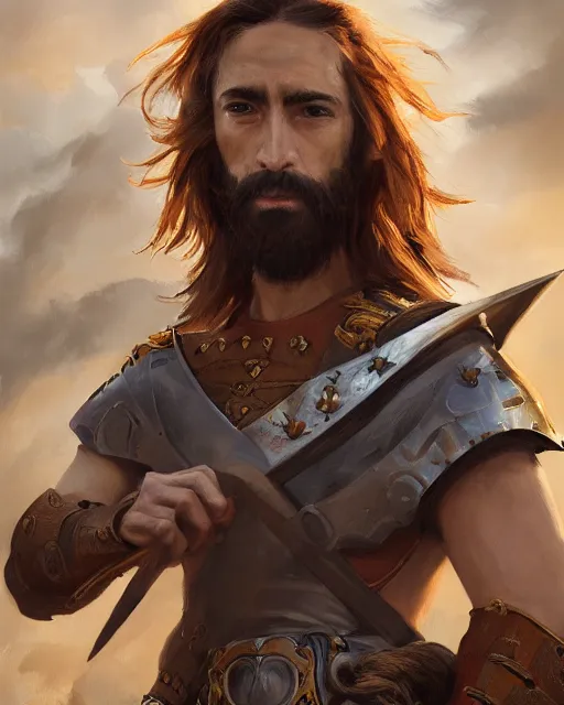 Prompt: ultrarealistic portrait of a spanish conquistador in battle, symmetrical, by daniel zrom and mingchen shen, studio ghibli color scheme, detailed, handsome, anatomy, sharp focus, photography, magic : the gathering, octane, cinematic lighting, facial features, jungle, clear face