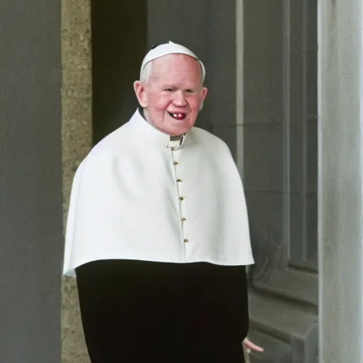 Image similar to john paul ii standing in a black puffed nuptse, black cargo pants and high black boots