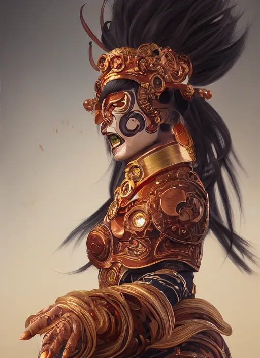 Image similar to a beautiful detailed oil on copper art illustration of a waka onna mask shogun woman, centered, by charlie bowater, zeng fanzh, trending on artstation, dim dusk lighting, cinematic lighting, detailed lighting, volumetric lighting, realistic, f 8, 4 k hd wallpaper