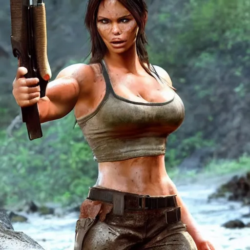 Prompt: film scene muscular lara croft emerges from the river water, her face is covered with mud, part of the body is still in the river