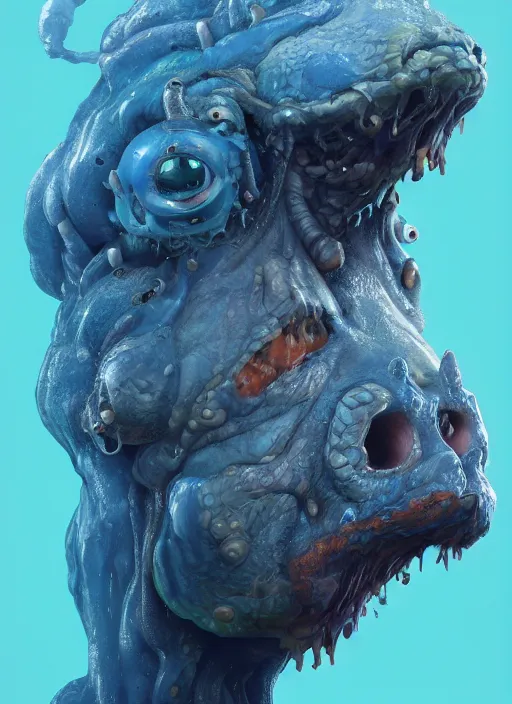 Image similar to anthropomorphic blue slime, naturel, hyper detailed, digital art, trending in artstation, cinematic lighting, studio quality, smooth render, unreal engine 5 rendered, octane rendered, art style by klimt and nixeu and ian sprigger and wlop and krenz cushart