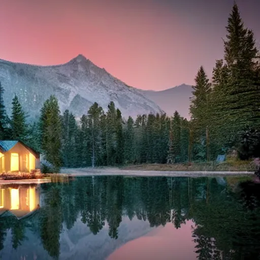 Image similar to small sci - fi cottage at the edge of a lake in the mountains, retro illustration on parchment, soft glowing windows, early evening, reflections, pine trees,