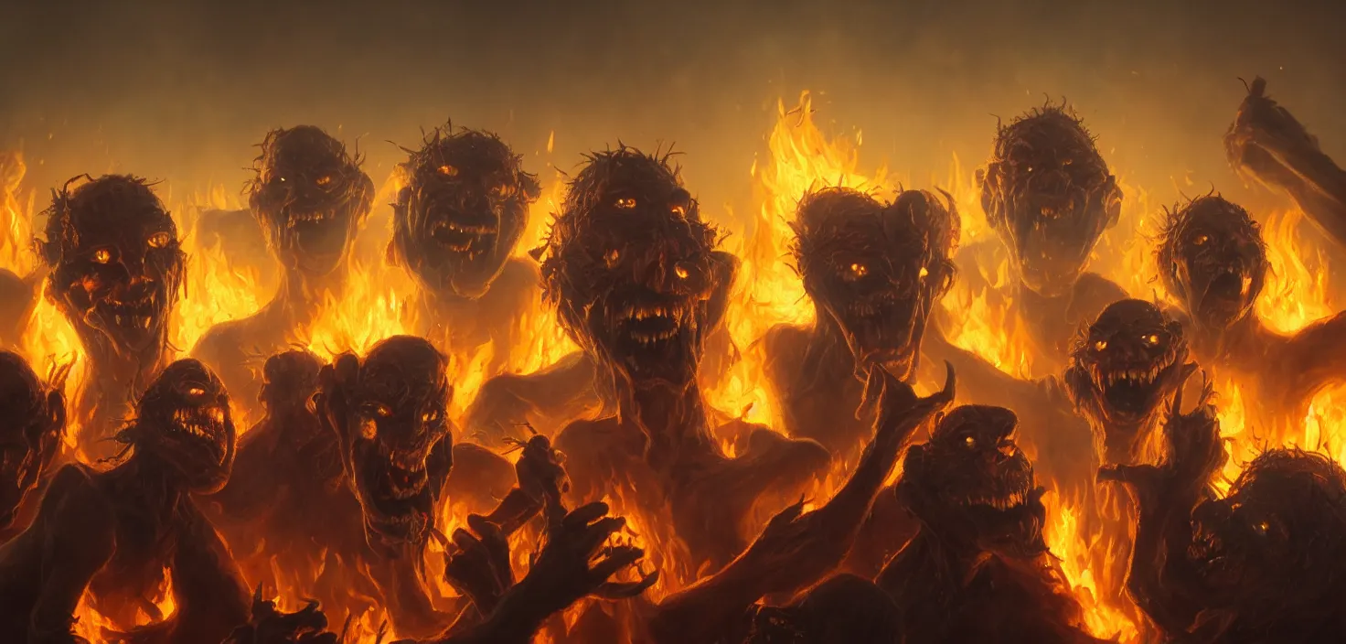 Image similar to oil matte painting, closeup portrait of ugly creepy goblins dancing around a bonfire at ba rave cheering dancing beautiful cinematic light deep focus, elegant, digital painting, smooth, sharp focus, golden ratio, dramatic illumination, ultra realistic, 8 k, art by greg rutkowski wlop rossdraws