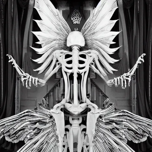 Image similar to Black and white photograph of a big white tall skeleton with wings and horns on the backrooms, 4K, highly detailed, surrealist, weird, strange, uncanny, odd, eerie, mysterious