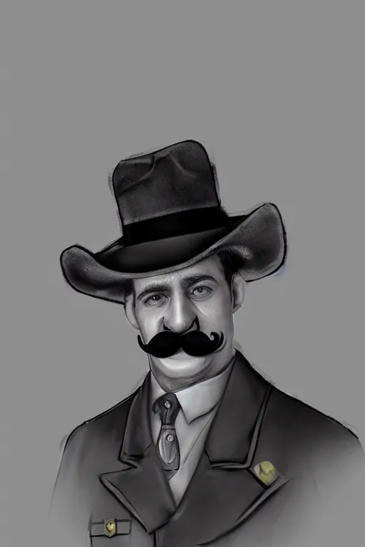 Prompt: inspector mustache, realistic photo, 65mm, digital art, trending on artstation