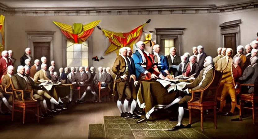 Prompt: fish signing the declaration of independence, realistic painting, high definition, digital art, very detailed, extremely high detail, photo realistic, concept art, unreal engine 5,