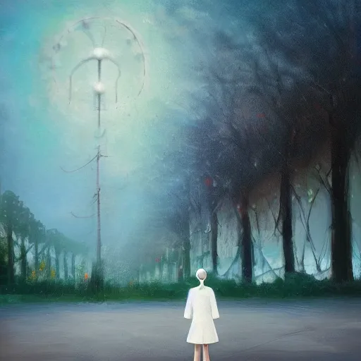 Image similar to giant white daisy flower head, frontal, girl in a suit, standing in street, surreal photography, sunrise, dramatic light, impressionist painting, digital painting, artstation, simon stalenhag