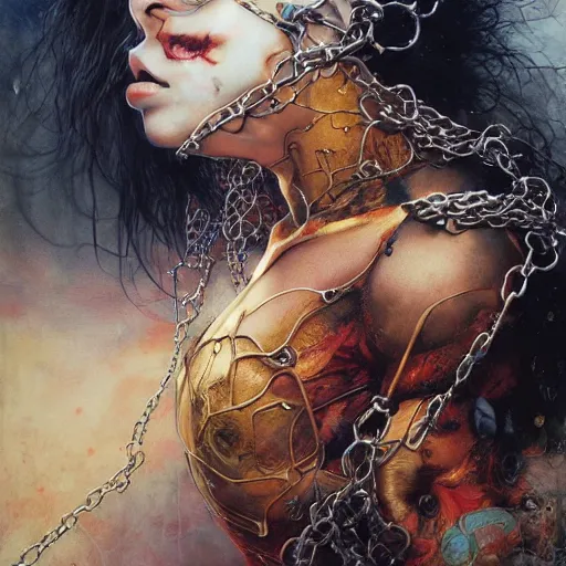 Image similar to uhd photorealistic chained justice, by ayami kojima, yoshitaka amano, esao andrews, karol bak, mark brooks, tonalism, rich deep colors. beksinski painting, art by adrian ghenie and gerhard richter. art by takato yamamoto. masterpiece