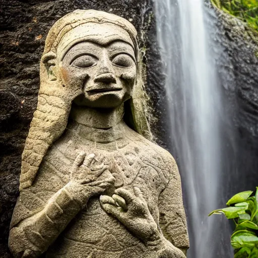 Image similar to weathered Maya stone statue of an alien in front of a wide, foggy valley with beautiful waterfall in the jungle, award winning photography, 8k