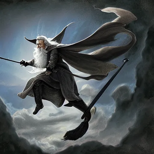 Image similar to gandalf, flying on dragon, highly detailed, digital art,