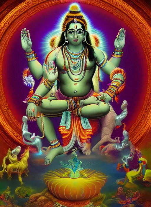 Image similar to digital visionary painting, hindu art, masterpiece, lord shiva creates the world with his primordial om, realistic, highly detailed, post produced, realistic, octane render, glowing colors