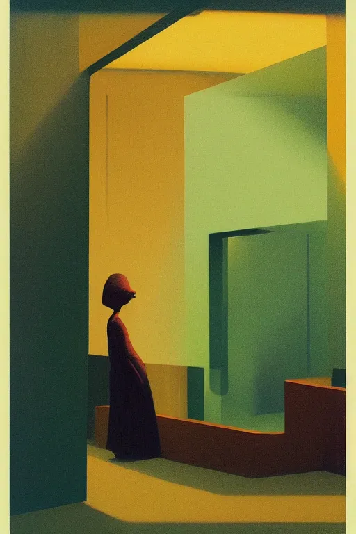 Image similar to woman wearing oculus and digital glitch head edward hopper and james gilleard, zdzislaw beksisnski, higly detailed