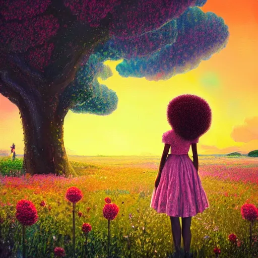 Image similar to girl with afro made of flower, standing in a field with flowers, surreal photography, hills, big trees, sunrise dramatic light, impressionist painting, colorful clouds, digital painting, pointillism, artstation, simon stalenhag