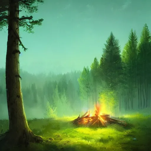 Image similar to rolling hills of the forest, campfire at night, green - blue coloured sky, art by greg rutkowski, trending on artstation, masterpiece