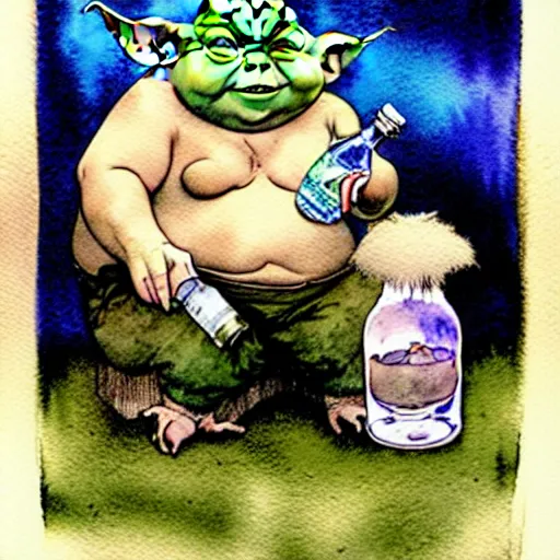 Prompt: a realistic and atmospheric watercolour fantasy character concept art portrait of a fat chibi homeless yoda wearing a wife beater drinking out of a broken bottle, by rebecca guay, michael kaluta, charles vess and jean moebius giraud