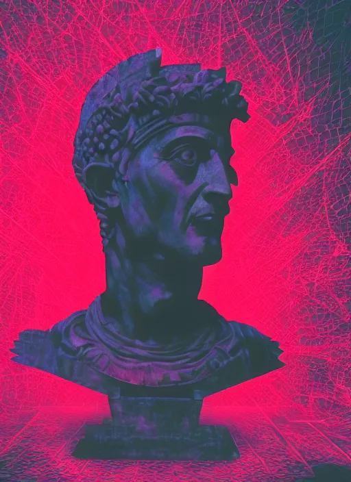Prompt: black background with subtle red and purple design elements, statue of julius caesar, nekro, abstract art, thin lines, dark, glitch art, neo vaporwave, gritty, layout frame, trending on artstation