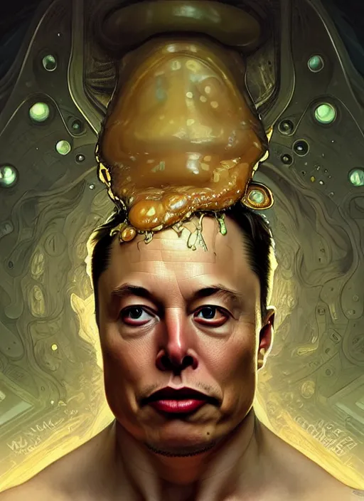 Image similar to elon musk as mollusk, slime, drool, portrait, intricate, elegant, highly detailed, digital painting, artstation, concept art, wallpaper, smooth, sharp focus, illustration, art by artgerm and greg rutkowski and alphonse mucha