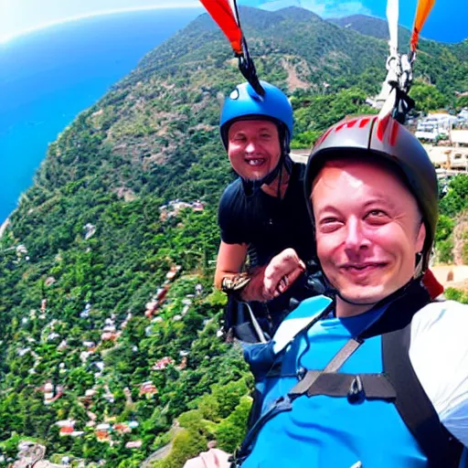 Image similar to elon musk is paragliding in oludeniz, studio ghibli, anime background, azure sky,