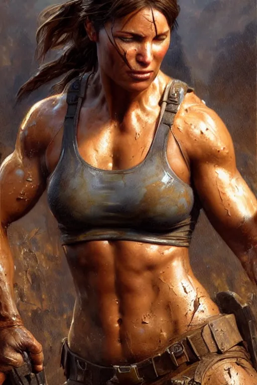 Image similar to muscular sweat lara croft, covers with mud exhausted face close up, highly detailed painting by gaston bussiere, craig mullins, j. c. leyendecker 8 k