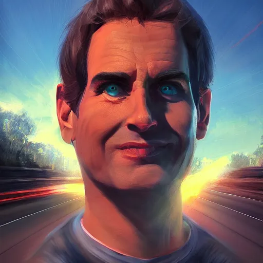 Image similar to Giant head of david copperfield with four wheels, running fast on a californian highway, digital painting, 4k, rays of light, particles light, kuvshinov ilya