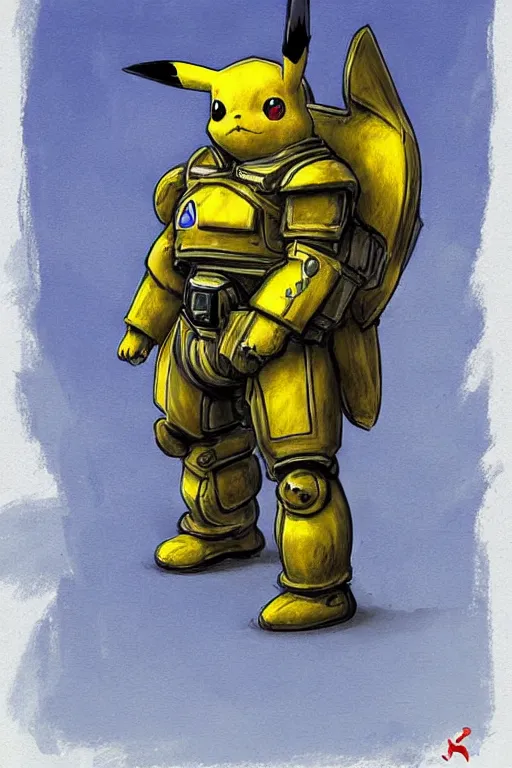 Image similar to portrait of pikachu in starcraft terran marine power armor, concept art by wayne reynolds