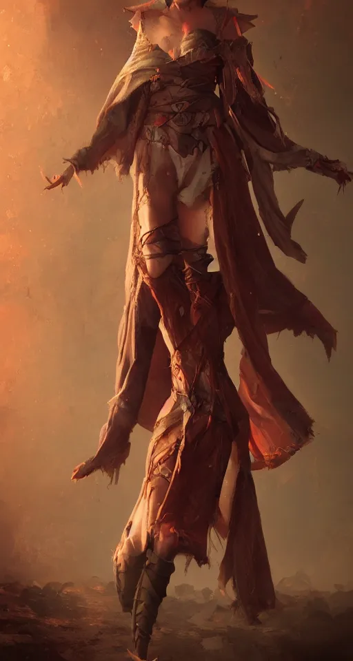 Prompt: surreal full body portrait of an female elf mage in tattered robes of cloth and leather, oil painting, digital artwork, artstation, poster style, luminous colors and hues, octane render, 4 k