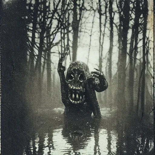 Image similar to creepy lovecraftian monster in swamp, 1 9 1 0 polaroid photo