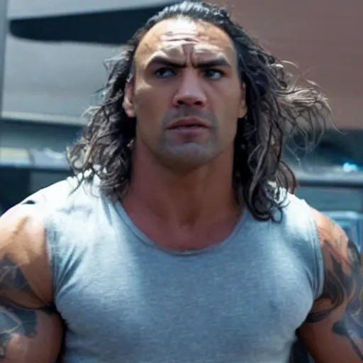 Prompt: film still of jason mamoa as the rock in fast and furious