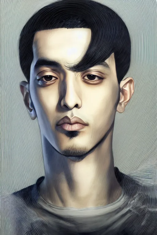 Prompt: beautiful medium shot manga portrait of mahmood inspired by ayami kojima with short hair dressed with a white t - shirt, white background white bank studio light, art by yoshitaka amano and shingo tamagawa, sharp focus, high quality, 8 k