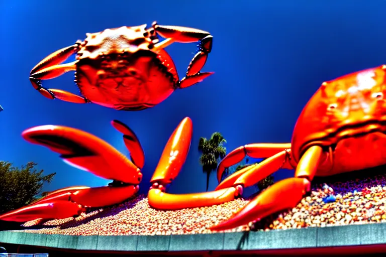 Image similar to 1 9 8 5 crab themed giant aquarium, googie architecture, one point perspective, americana, fishcore, exterior photography, hd 8 k, photography by ansel adams