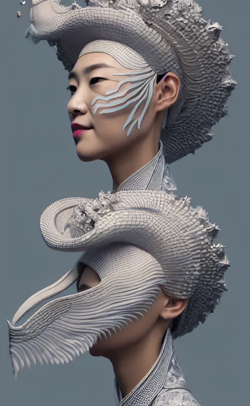 Image similar to 3 d goddess close - up profile portrait. beautiful intricate highly detailed korean gumiho mask and traditional hanbok. stingray, magpie, bio luminescent, plasma, ice, water, wind, creature, artwork by tooth wu and wlop and beeple and greg rutkowski, octane 3 d render