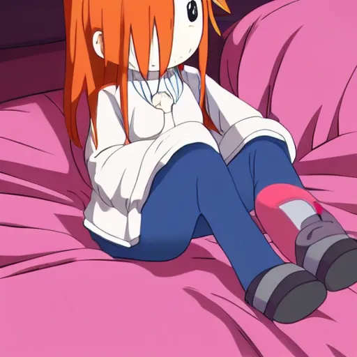 Prompt: Himouto! Umaru-chan anime girl sitting up in bed waking up and stretching adorable cute