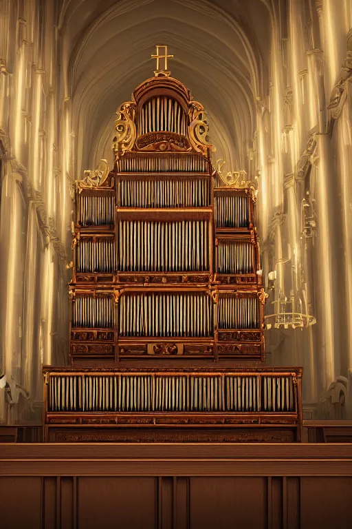 Image similar to a detailed render of an isolated lonely pipe organ in a church, with large golden pipes, trending on artstation, render, 3 d, octane, 4 k, 8 k, unreal engine, cinema 4 d