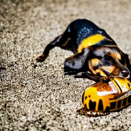 Prompt: dog stepping on a dead bee on the concrete ground, close up, macro, dslr photography