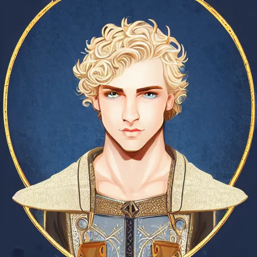 Prompt: portrait, 27 years old man, blue eyes, blond curls, charming, handsome :: rich expensive medieval clothes :: high detail, digital art, fantasy, RPG, concept art, illustration