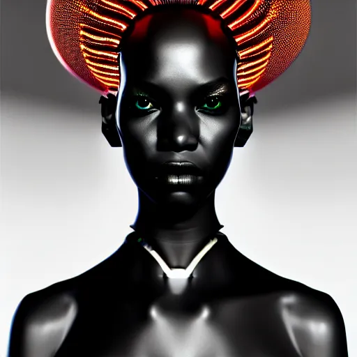 Image similar to portrait of an absurdly beautiful, graceful, sophisticated, fashionable black cyberpunk mechanoid gravure idol, hyperdetailed illustration by irakli nadar, adut akech, matt wisniewski style, intricate linework, dark black porcelain skin, jellyfish headdress, unreal engine 5 highly rendered, global illumination, red light, detailed and intricate environment