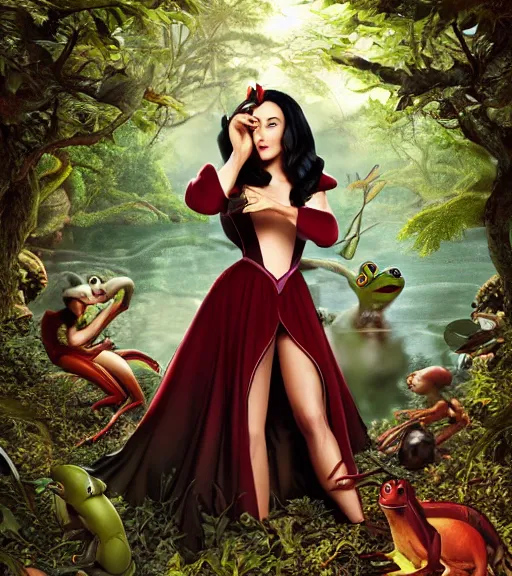 Image similar to film still of Monica Bellucci as snow white in a forest by a pond with frogs, by artgerm, makoto sinkai, magali villeneuve, Gil Elvgren, Earl Moran,Enoch Bolles, symmetrical,