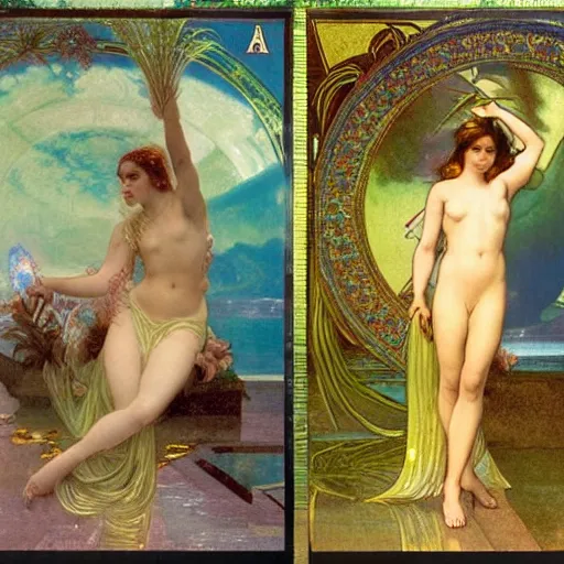 Image similar to Demon Girl at the palace, refracted sparkles, thunderstorm, greek pool, beach and Tropical vegetation on the background major arcana sky, by paul delaroche, alphonse mucha and arnold böcklin, hyperrealistic 8k, award-winning, very very very detailed