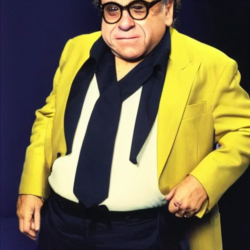 Prompt: danny devito wearing a yellow suit