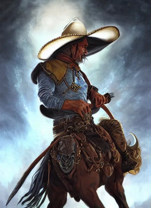 Image similar to Cowboy sorcerer drow wearing a cowboy hat, Ivan Aivakovsky, Boris Vallejo, epic fantasy character art, D&D Concept Art, full length, Realistic, Regal, Refined, Detailed Digital Art, Oil Paining, Exquisite detail, post-processing, masterpiece, Cinematic Lighting, Unreal Engine, 8k, HD, Stanley Artgerm Lau, WLOP, Rossdraws, Frank Frazetta, Andrei Riabovitchev, Marc Simonetti, trending on artstation